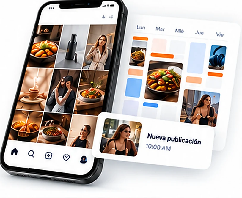 Celular con el feed de una marca y calendario de contenido semanal