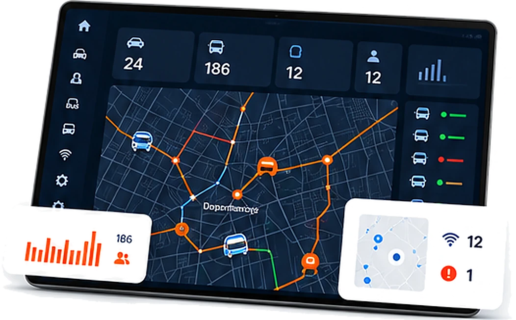 Panel de control con unidades activas, rutas en operación y cobertura de conectividad