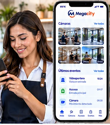Persona revisando las cámaras y los últimos eventos de su negocio desde la app en el celular