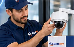 Técnico de Megacity instalando una cámara domo
